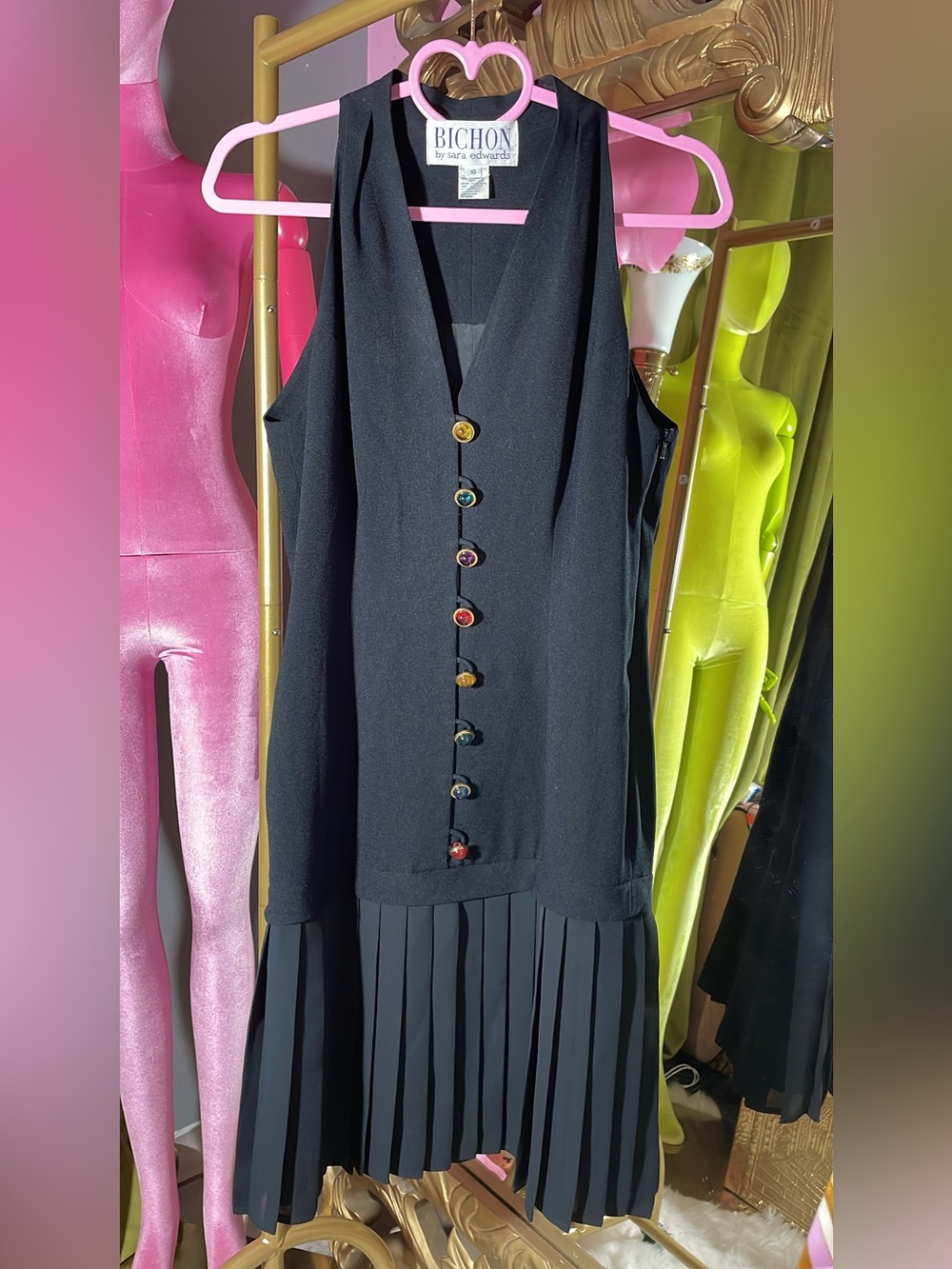 Bichon Black Sleeveless V-Neck Midi Dress with Multicolor Gem Buttons